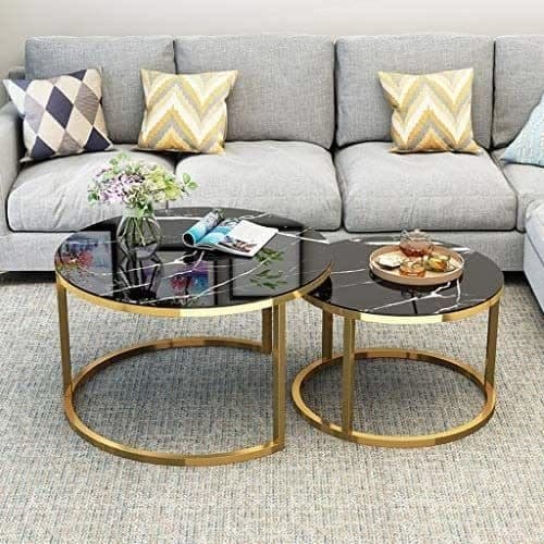 Modern Black Marble Effect & Gold Frame Nest of 2 Round Coffee Tables