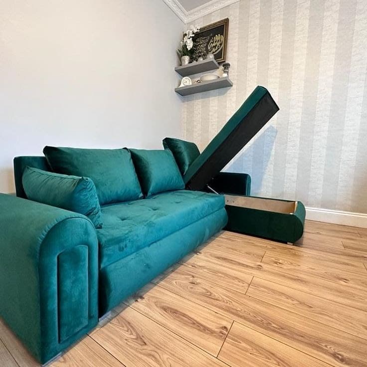 Berlin Velvet Corner Sofa Bed with Storage - Emerald Green