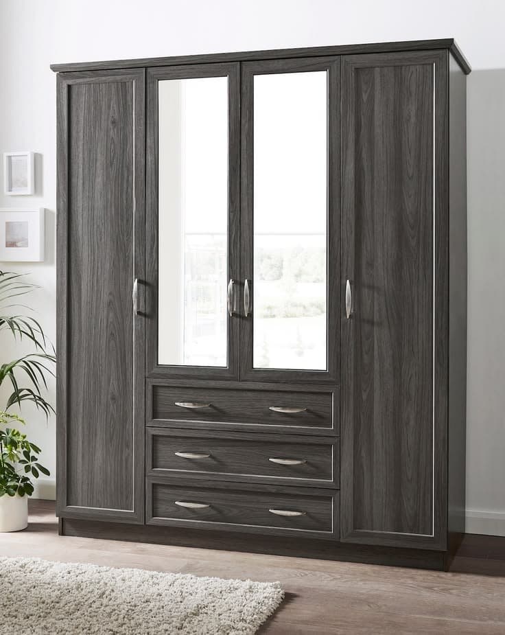 Kingston 4 Door 2 Mirror 3 Drawer Wardrobe - Dark Oak Charcoal Grain