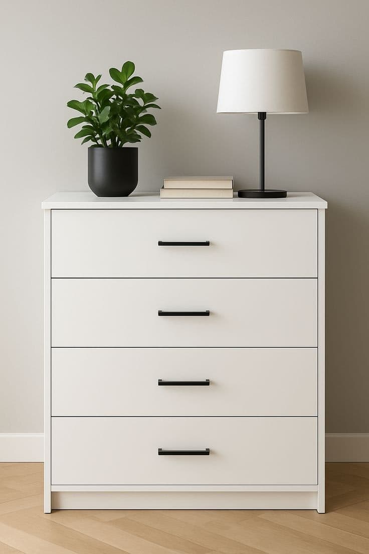 Modern White 4 Drawer Chest of Drawers with Black Handles