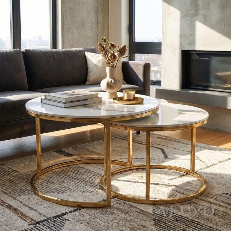 Kaito Nest of 2 Gold & Polar White Sintered Stone Tables