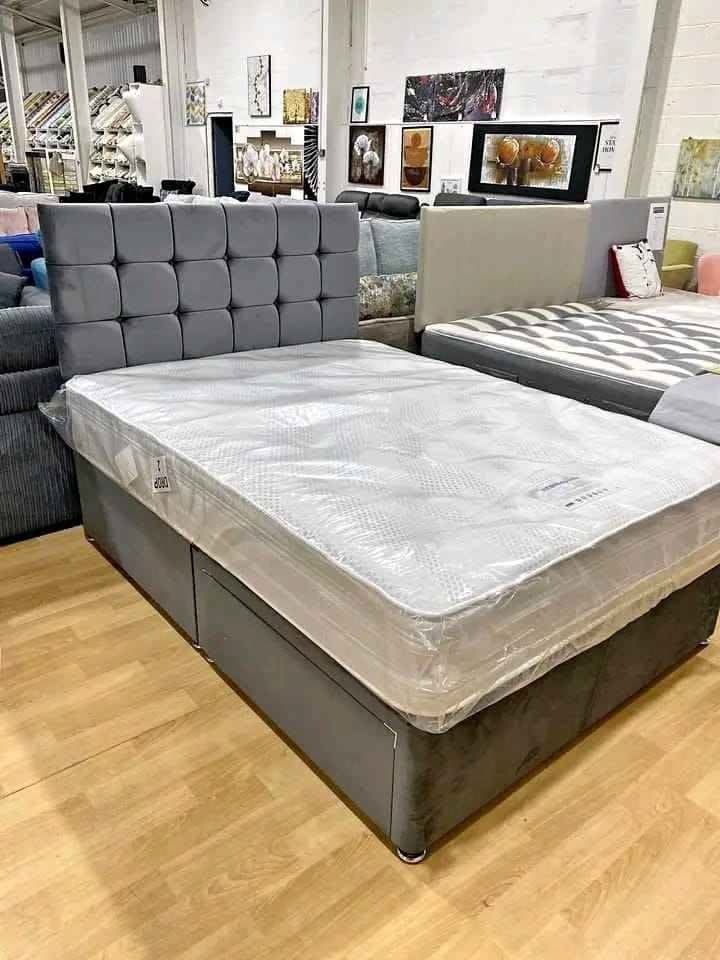 Luxury Divan Double Bed Set with Cube Tiled Headboard, Optional Storage & Mattress