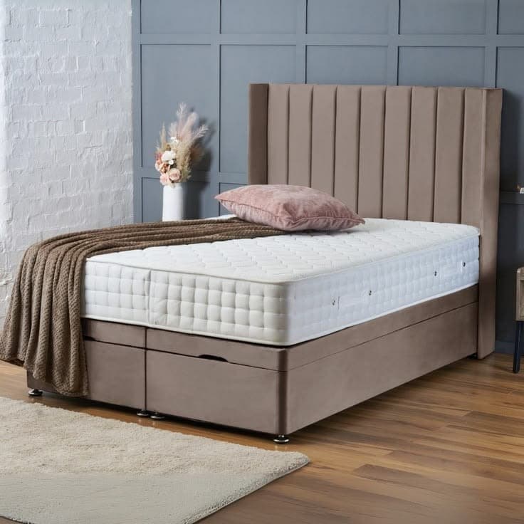 BESPOKE Hannah Ottoman Divan Bed Set in Taupe Plush Velvet with 54" Winged Headboard