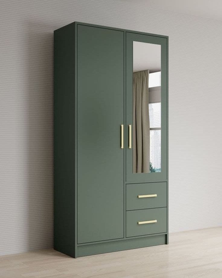 Modern Sage Green 2 Door Mirrored Wardrobe with 2 Drawers - Gold Handles