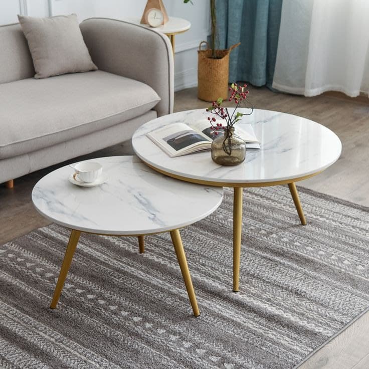Modern White Marble Effect & Gold Legs Nest of 2 Round Coffee Tables