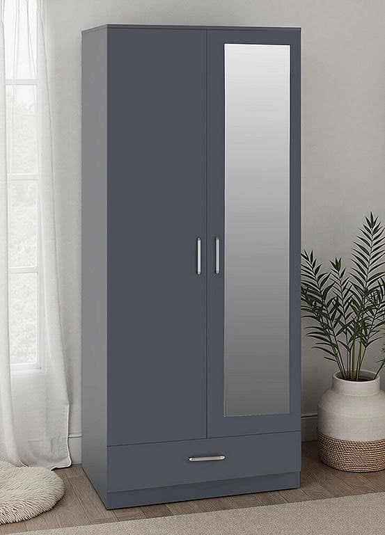 Dakota 2 Door 1 Drawer Mirrored Wardrobe by Curvissa - Slate Grey