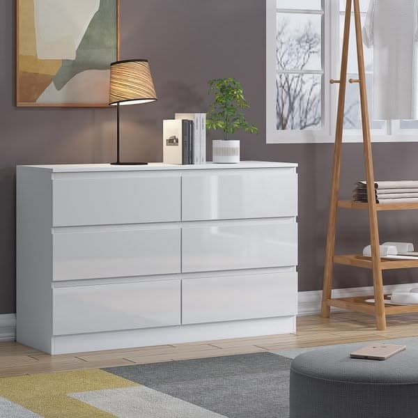 Modern White High Gloss Handleless 6 Drawer Wide Double Chest of Drawers