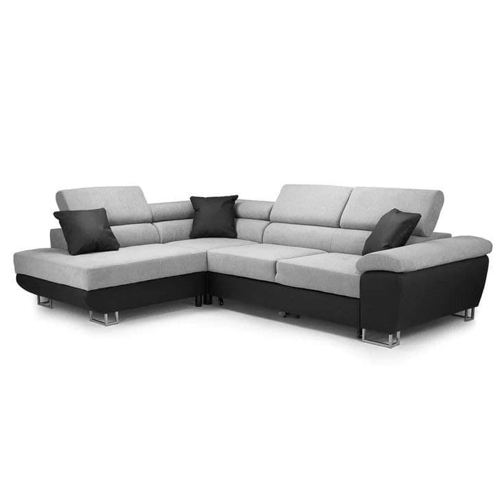 Anton Fabric Corner Sofa Bed with Adjustable Headrests - Light Grey & Black