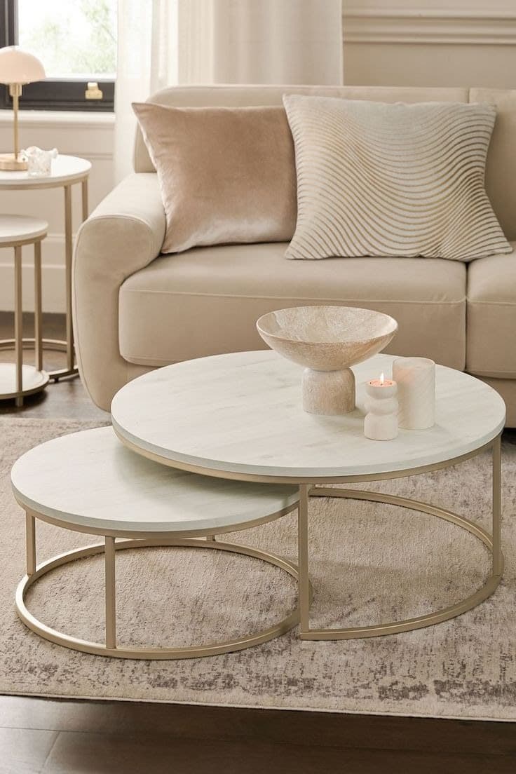 Modern White & Gold Bronx Nest of 2 Round Coffee Tables