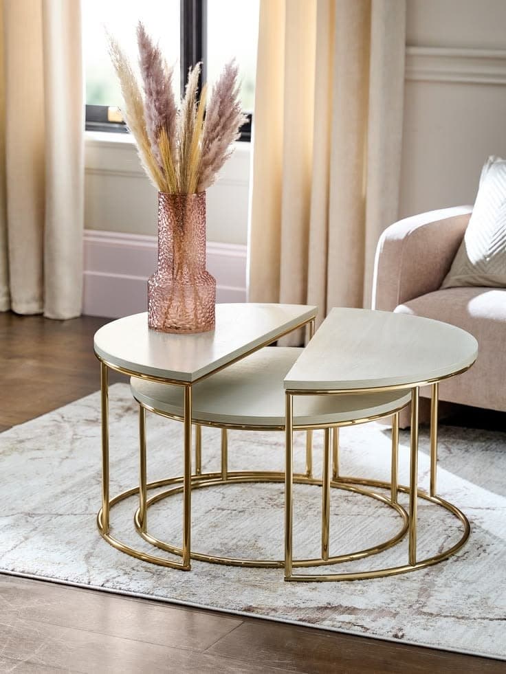 Modern Light Wood & Gold Frame Nesting Round Coffee Table Set