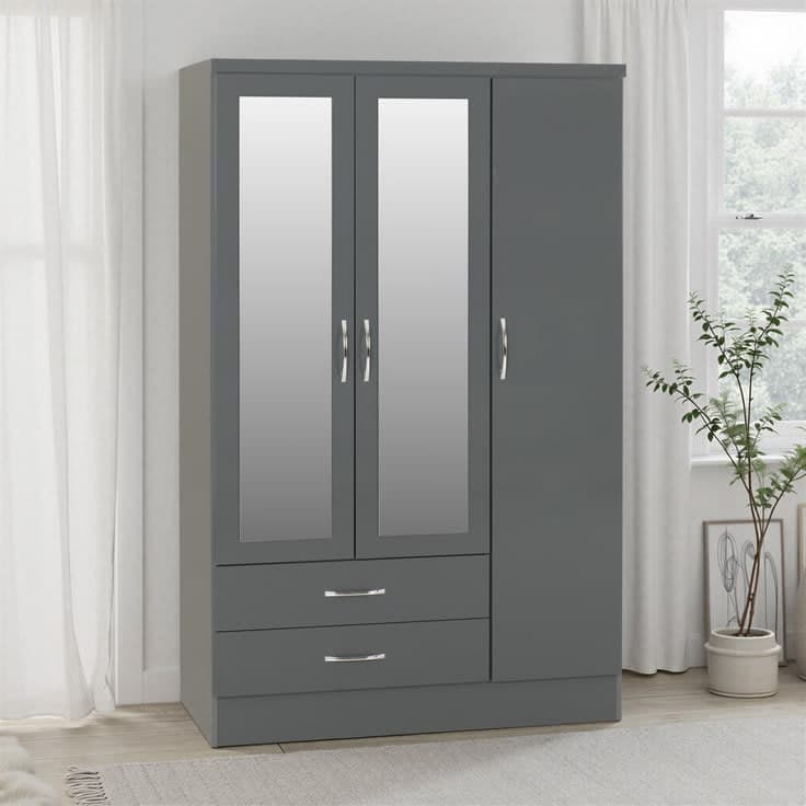 Cascio 3 Door 2 Drawer Mirrored Wardrobe - Slate Grey