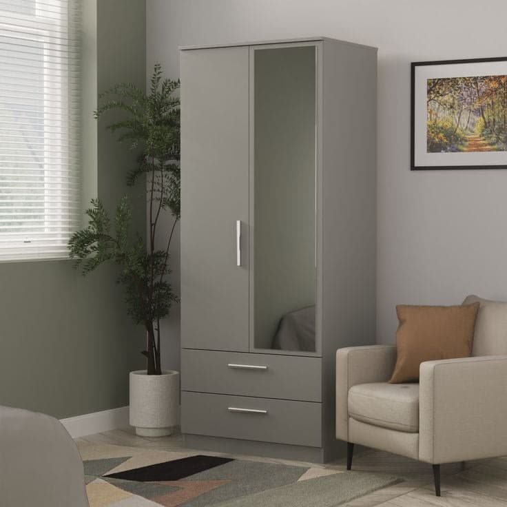 Contrast Ready Assembled 2 Door 2 Drawer Mirrored Wardrobe - Dusk Grey