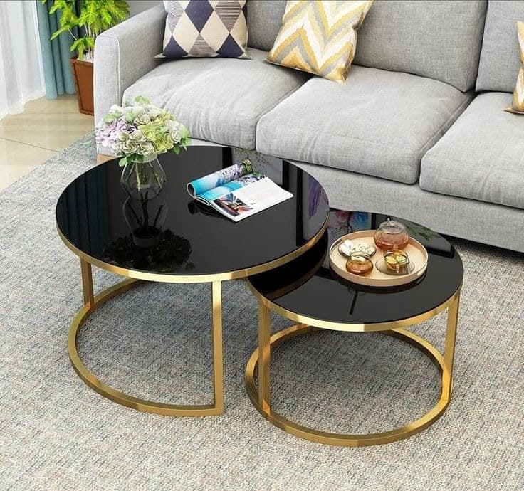 Modern Black Glass & Gold Frame Nest of 2 Round Coffee Tables