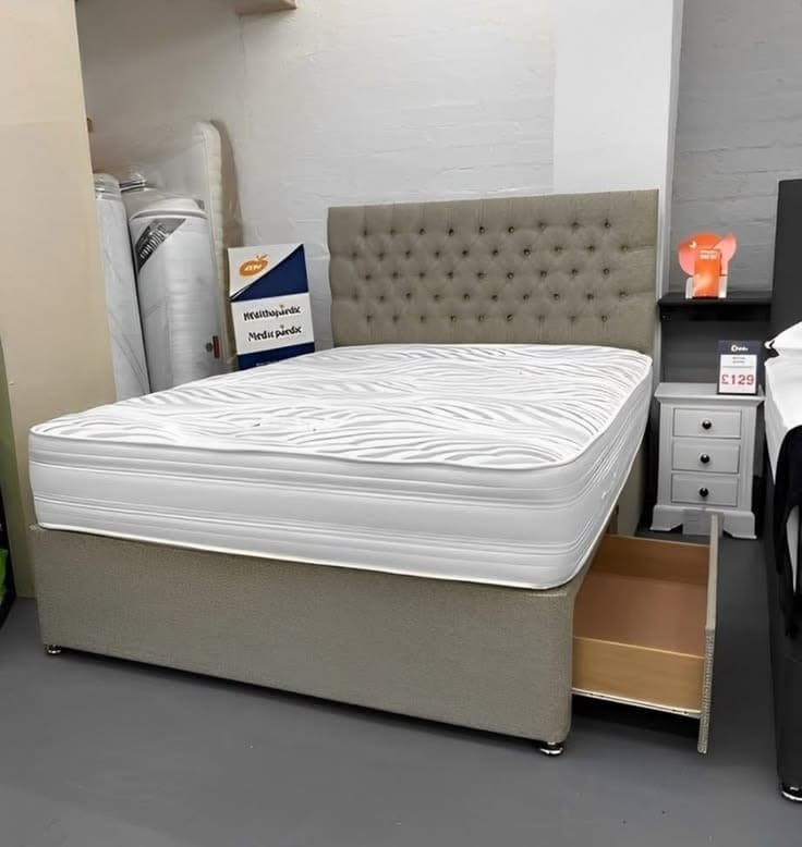 Luxury Beige Fabric Divan Bed Set with Button Tufted Headboard, Drawer Storage & Mattress