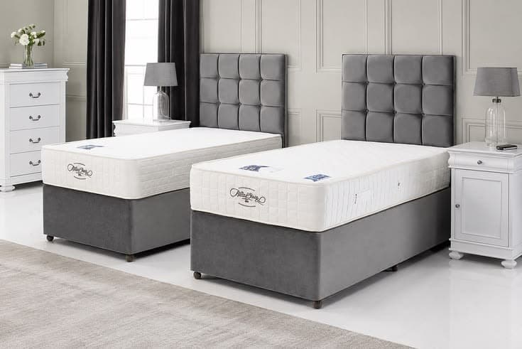 Luxury Grey Velvet Divan Single Bed Set with Modern Cubed Headboard & Premium Mattress