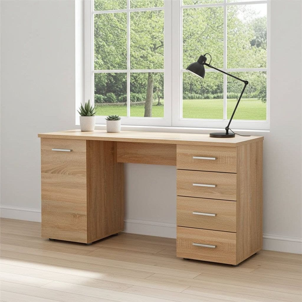 Sherwood Twin Pedestal Computer Desk with Cupboard & 4 Drawers - Light Oak