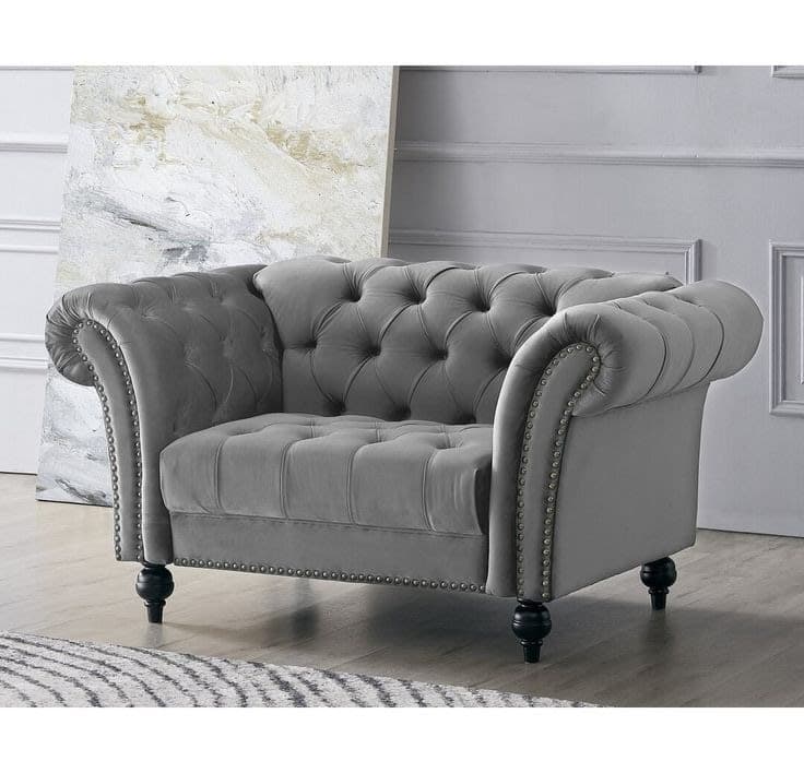 Dahlstrom 1 Seater Chesterfield Velvet Armchair - Grey