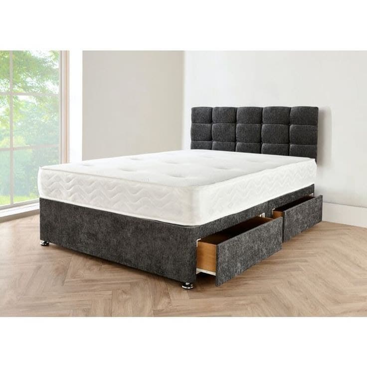 Charcoal Chenille King Size Divan Bed Set with Tiled Headboard, 2 Drawers & Mattress