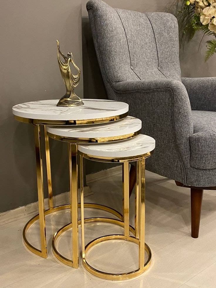 Luxury Gold Nesting Side Tables Set of 3 - White Marble Effect