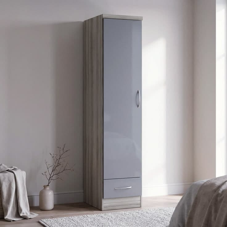 Cascio 1 Door 1 Drawer Wardrobe - High Gloss Grey & Light Oak Effect