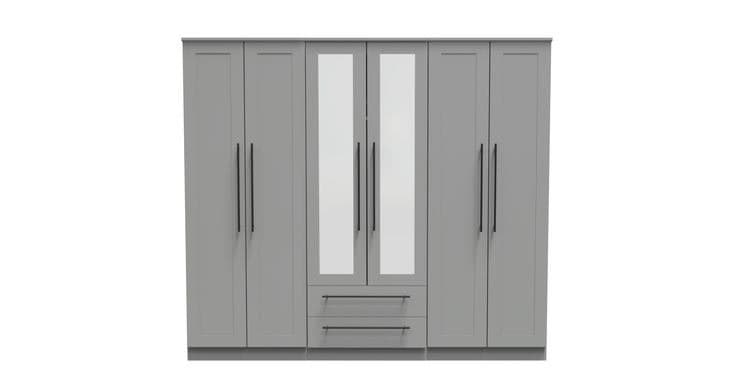 Reed Tall 6 Door 2 Drawer Mirrored Wardrobe - Grey