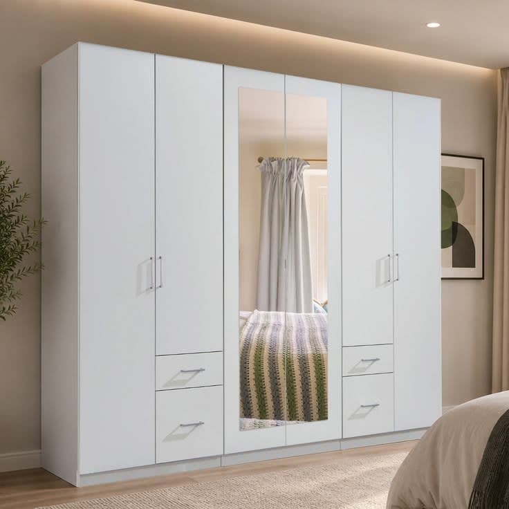 Fly White 6 Door 270cm Mirrored Wardrobe with 4 Drawers - White
