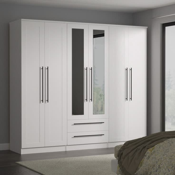 Harrow Ready Assembled Tall 6 Door 2 Drawer 2 Mirror Wardrobe - White Ash
