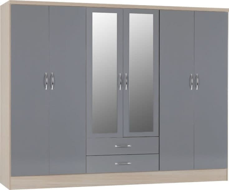 Nevada 6 Door 2 Drawer Mirrored Wardrobe - Grey Gloss / Light Oak Effect