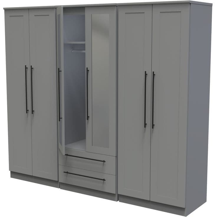 Beverley Ready Assembled Tall 6 Door 2 Drawer 2 Mirror Wardrobe - Dusk Grey