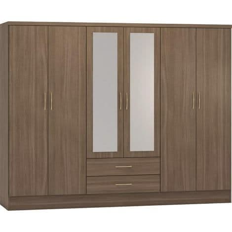 Nevada 6 Door 2 Drawer Mirrored Wardrobe - Rustic Oak Effect