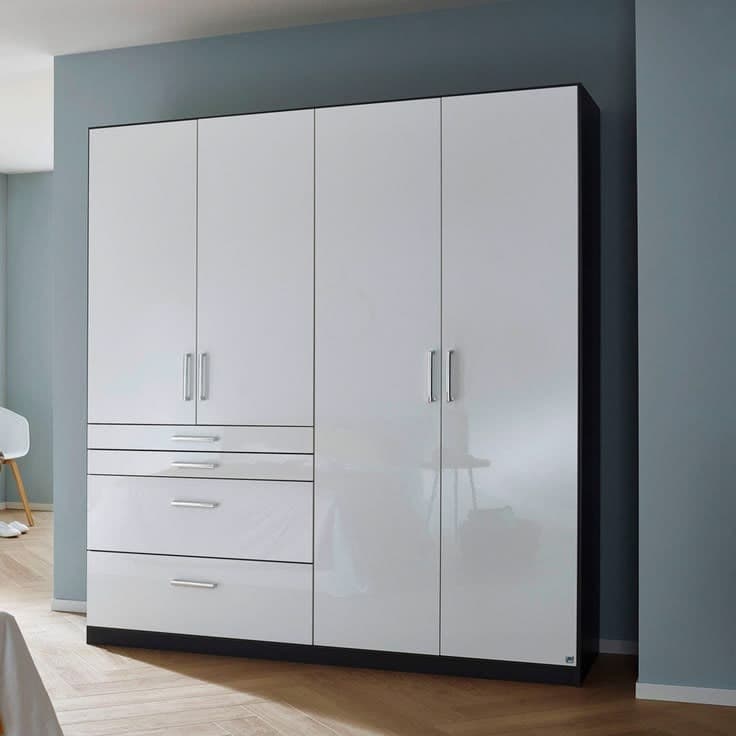 Rauch Homburg 181cm 4-Door 4-Drawer Wardrobe - Metallic Dark Grey & High Gloss White