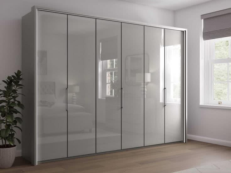 Sicily 6 Door Bi-Fold High Gloss Wardrobe - Light Grey / Cashmere