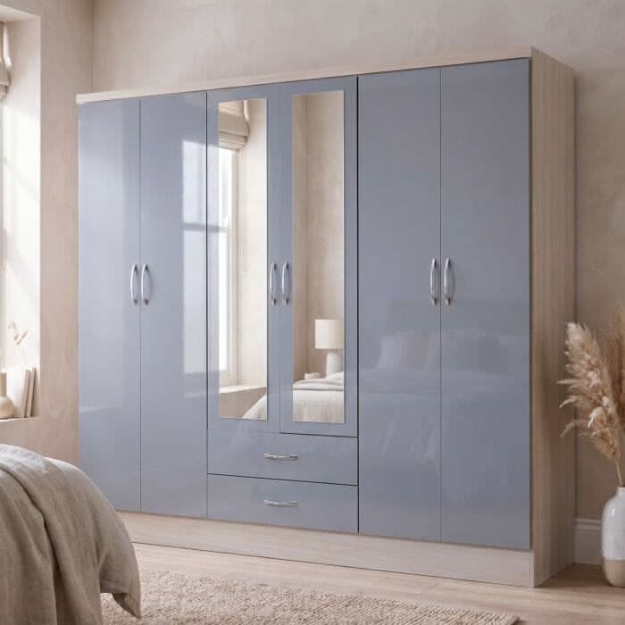 Chelsea 6 Door 2 Drawer High Gloss Grey & Light Oak Wardrobe - 230cm