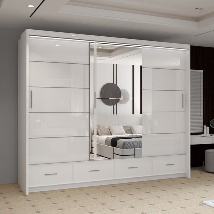 Desilets Modern High Gloss Sliding Wardrobe with Mirror & Drawers - White