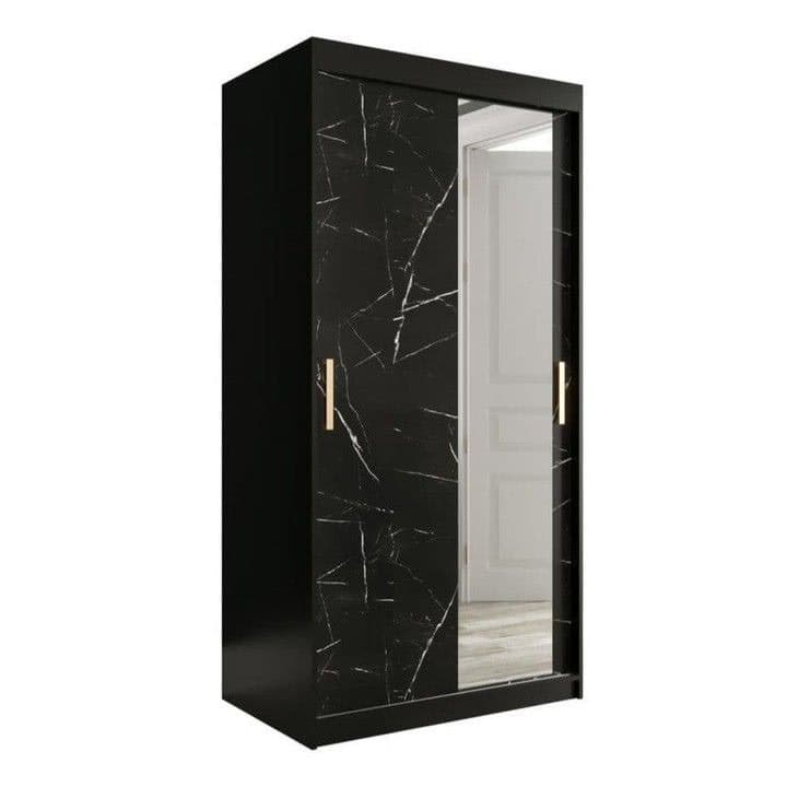 Black Marble Sliding Door Wardrobe 100cm - Black Marble & Gold Handles