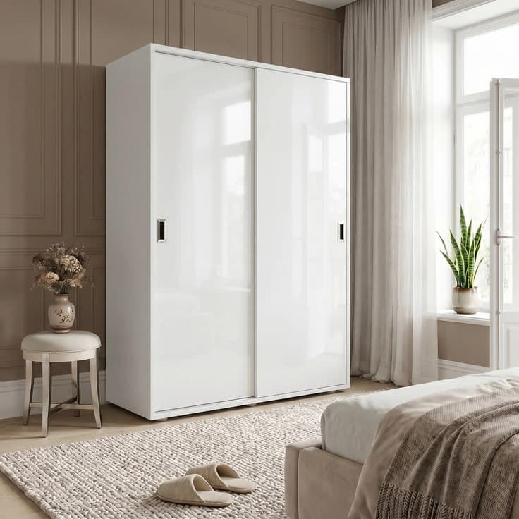 Torvek 2 Door Sliding Wardrobe with Shelves and Hanging Rail - White (High Gloss)
