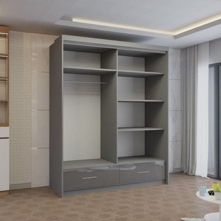 Modern High Gloss Sliding Wardrobe with LED Light 150cm x 220cm - Grey