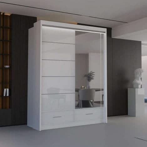 Modern High Gloss Sliding Wardrobe with LED & Mirror 150cm - White