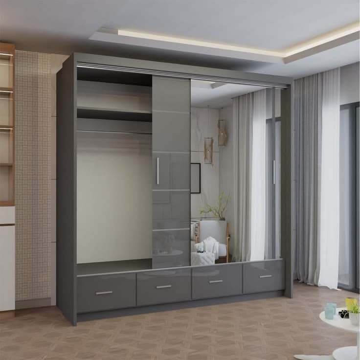 Kyoto High Gloss Sliding Door Wardrobe with Drawers 203cm - Grey