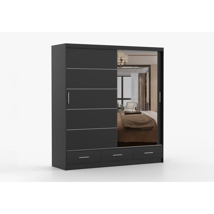 Modern Sliding Wardrobe with Mirror & Drawers 203cm - Black