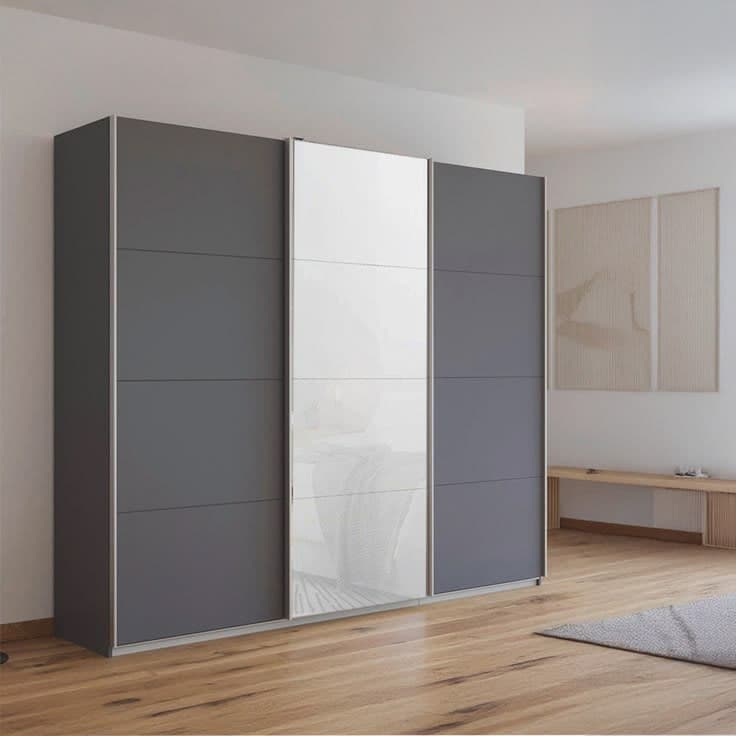 Rauch Kulmbach 3 Door Sliding Wardrobe 203cm - Metallic Dark Grey & White Glass Front