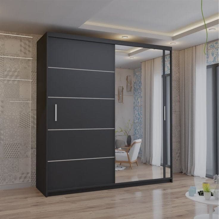Volga 203cm Sliding Mirror Door Wardrobe - Black