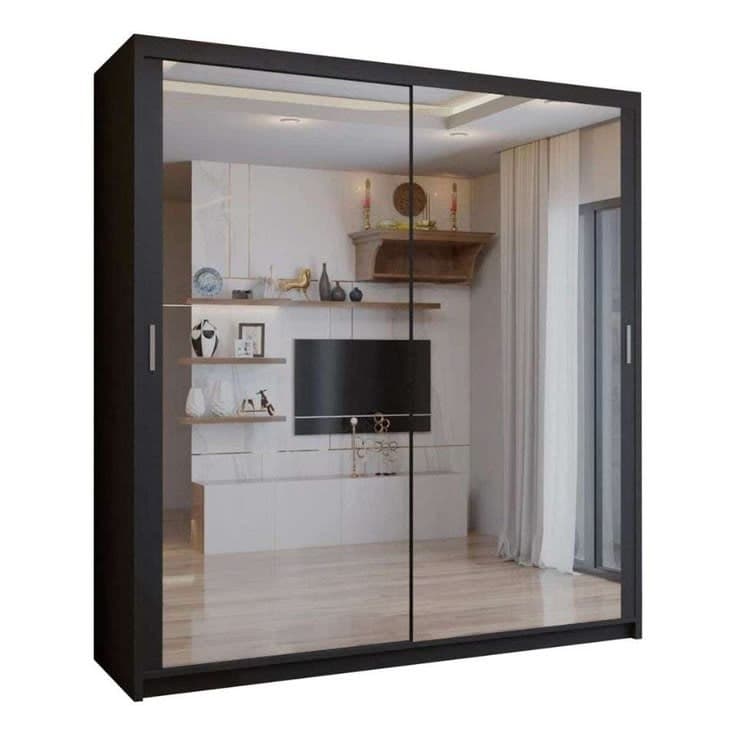 Full Mirror Sliding Wardrobe with Sliding Doors – Modern Bedroom Storage - Black 203cm