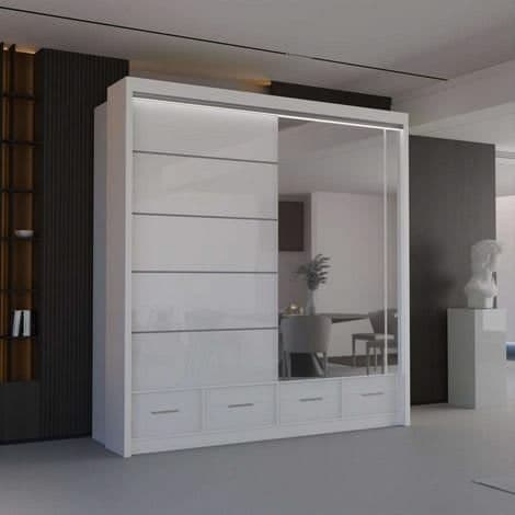 Modern High Gloss Sliding Wardrobe with LED & Mirror - White 203cm
