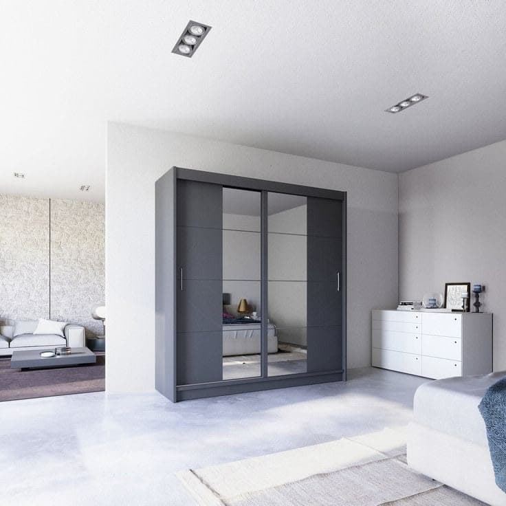 Modern Manufactured Wood Sliding Wardrobe with Mirror - Grey 203cm