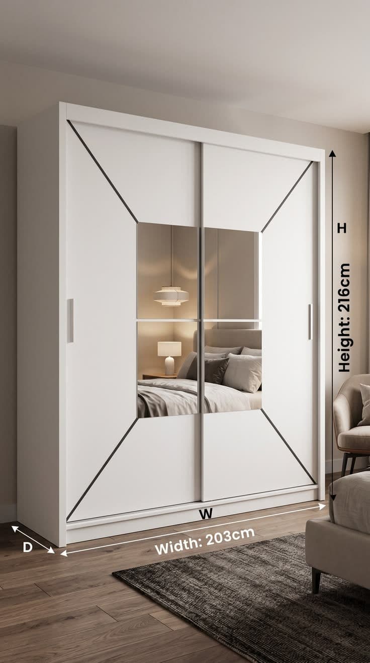 White 203cm Modern Geometric Mirrored Sliding Door Wardrobe