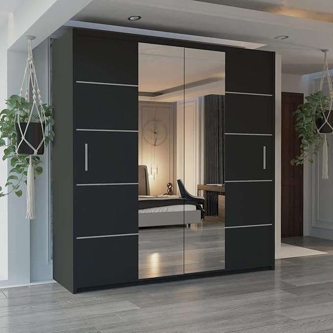 Black Sliding Wardrobe with LED Light - 203cm