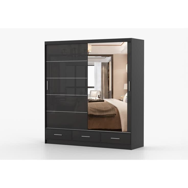 Sliding Wardrobe with Mirror & Drawers 203cm - Black