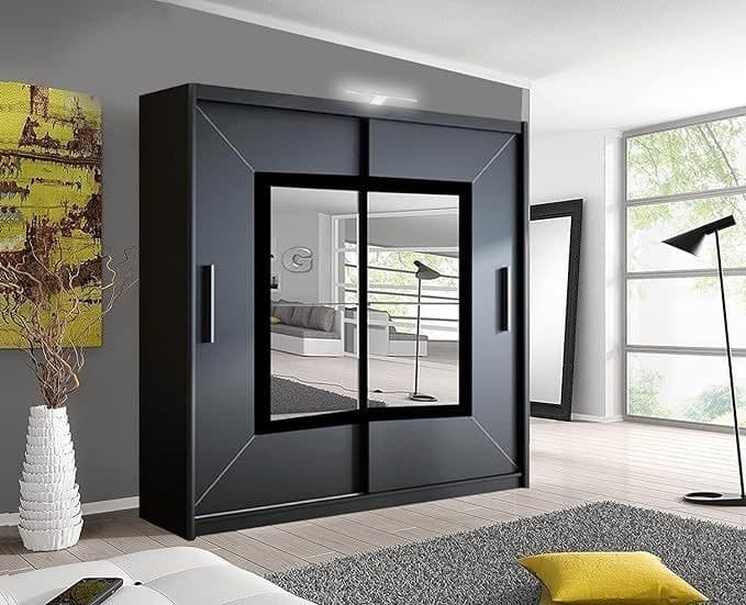 Black Geometric Mirrored Sliding Door Wardrobe with LED - 203cm
