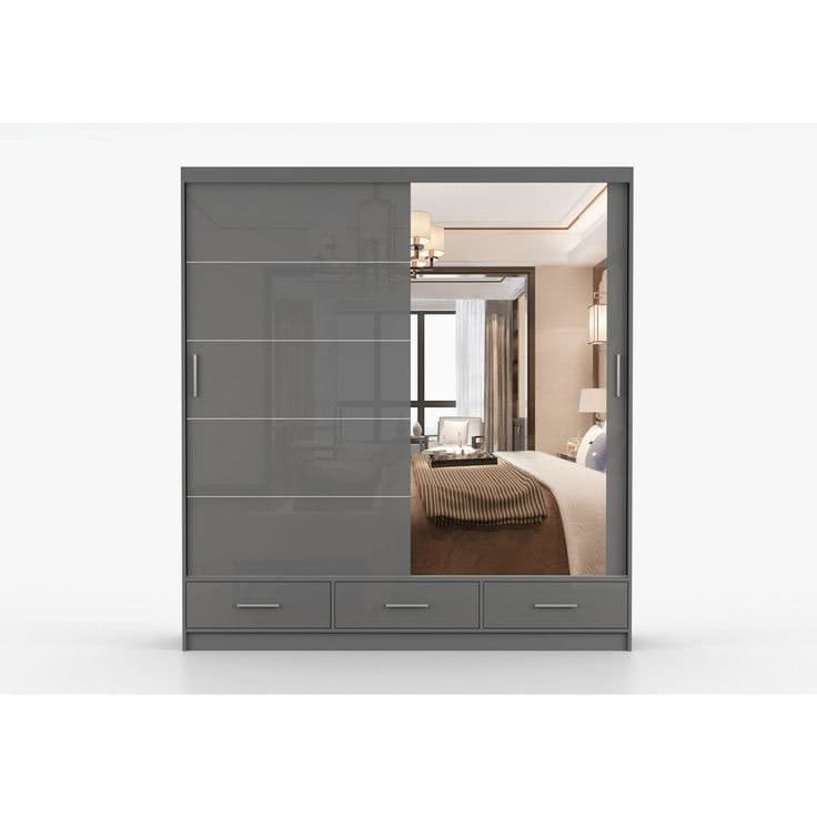 Sliding Wardrobe with Mirror & Drawers 203cm - Grey